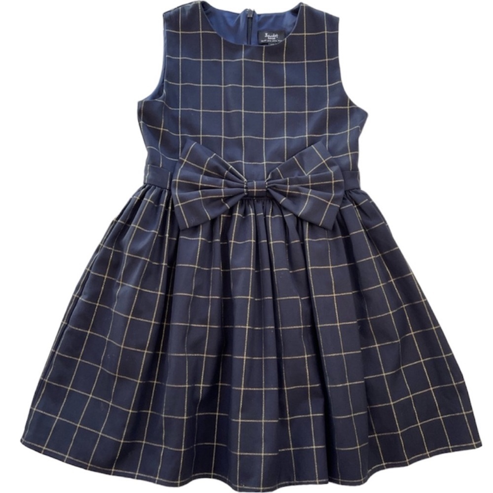 Bardot Junior Dress Fit Flare Navy & Gold Windowpane Plaid Bow Girls Size 14